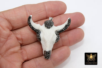 Black and White CZ Bone Cow Skull Pendant, Boho Longhorn Cattle CW2 - A Girls Gems